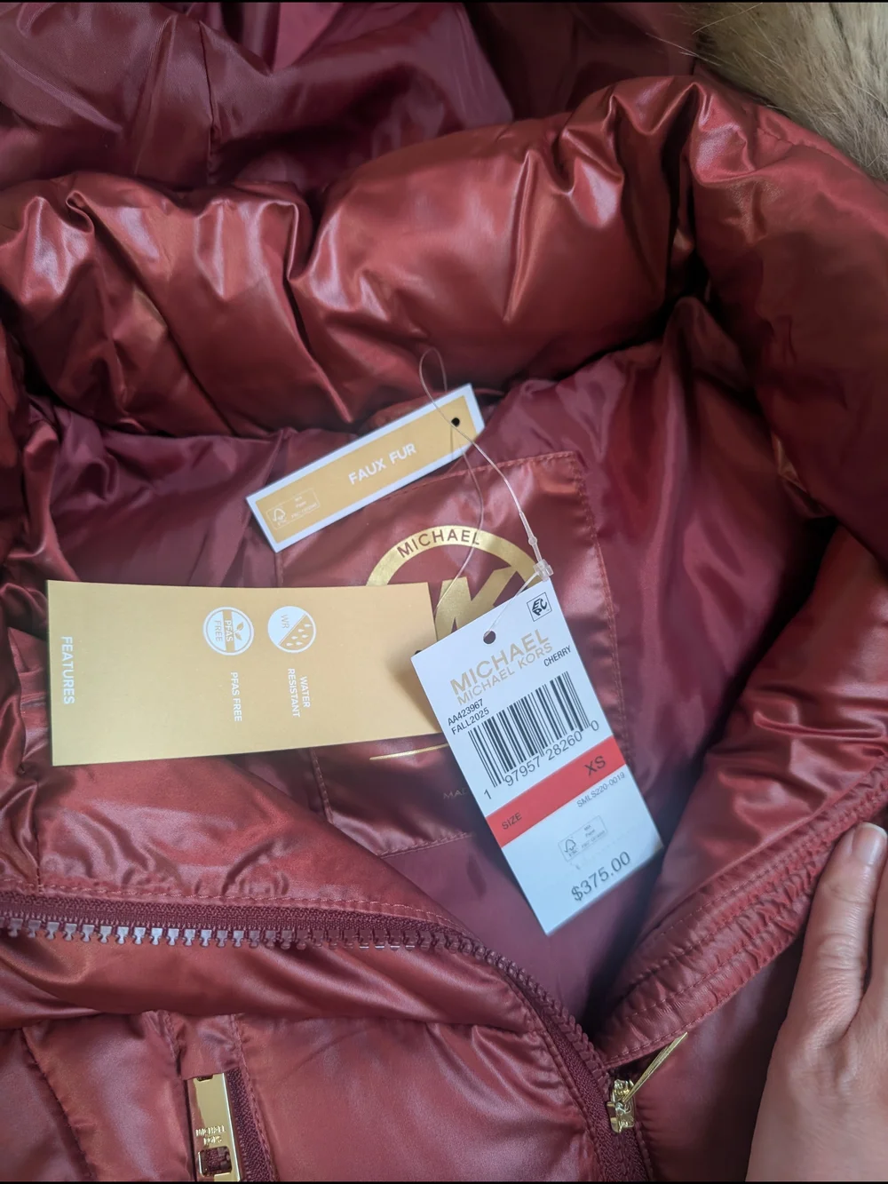 Michael Kors Red Quilted Cherry Belted Puffer Coat with Faux Fur Trim